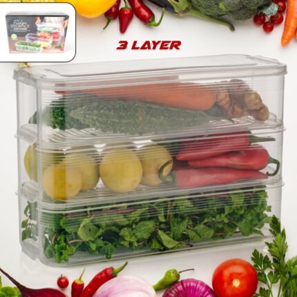 5595 3 Fridge Storage Container, Fridge Organizer with Lid Stackable Fridge Storage Containers Plastic Freezer Storage Containers for Fish, Meat, Vegetables, Fruits, Pack of...