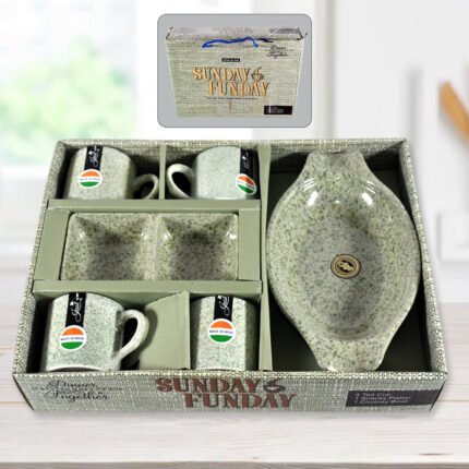 8240 Sunday Funday Ceramic Tea / cups / Mug With Plastic Snacks Platter and 2 compartment Chutney Bowl Milk Cup, Coffee Cup, Breakfast Cup, Drinking Mug or Outdoor for...