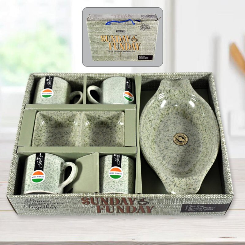 8240 Sunday Funday Ceramic Tea / cups / Mug With Plastic Snacks Platter and 2 compartment Chutney Bowl Milk Cup, Coffee Cup, Breakfast Cup, Drinking Mug or Outdoor for...
