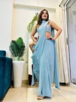 Indowestern & Designer ready to wear pre-draped  & pre-stitched slit saree skirt set with  sequence hand embroidered halter neck blouse perfect for parties/cocktail/sangeet /supper stylish & classy - Image 2