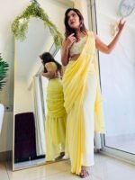 Lime yellow Ready to wear Designer saree - Image 3