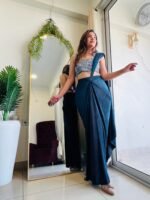 Designer Teal Blue Ready to wear  pre pleated  lycra saree with embroidered blouse - Image 5