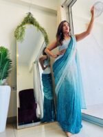 Mesmerising designer  Ombre sequence ready to wear saree in aqua blue colour perfect for farewell & parties - Image 2