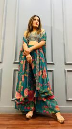 Designer Palazzo Teamed up With Cape Jacket & Crop Top for Wedding ,Mehendi ,Haldi &Sangeet Dress - Image 9