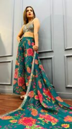 Designer Palazzo Teamed up With Cape Jacket & Crop Top for Wedding ,Mehendi ,Haldi &Sangeet Dress - Image 7