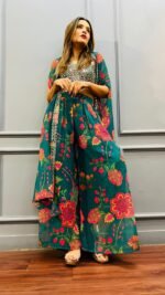 Designer Palazzo Teamed up With Cape Jacket & Crop Top for Wedding ,Mehendi ,Haldi &Sangeet Dress - Image 5