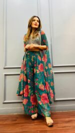 Designer Palazzo Teamed up With Cape Jacket & Crop Top for Wedding ,Mehendi ,Haldi &Sangeet Dress - Image 2